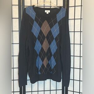 Croft & Barrow Black Argyle Sweater with Blue & Brown Diamonds Sz XL